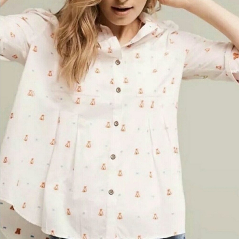 Anthropologie Maeve white and Orange Button Down Shirt, MED.